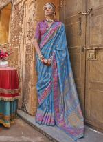 Silk Sky Blue Festival Wear Printed Saree